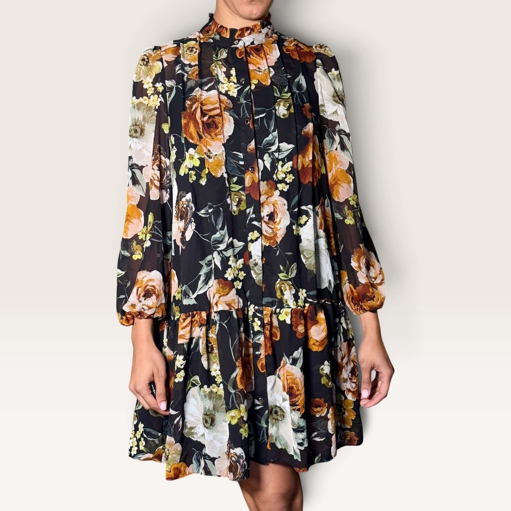 Maia Floral Tiered Mini Dress Black/Multicolor US 4 Bohemian Dark Romance